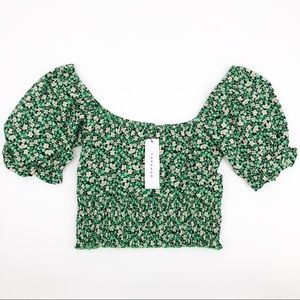 Topshop Floral Puff Sleeve Green Ruched Crop Top